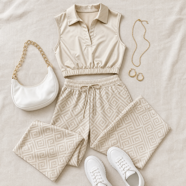 Lunavia™ – Collared Two-Piece Set with Drawstring Wide-Leg Pants