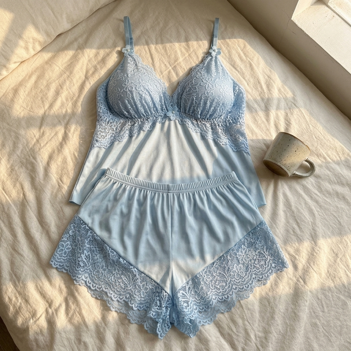 Lunessa™ — Lace Trim Satin Pajama Set