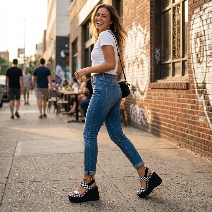 Livia™ Checkered Platform Wedge Sandals