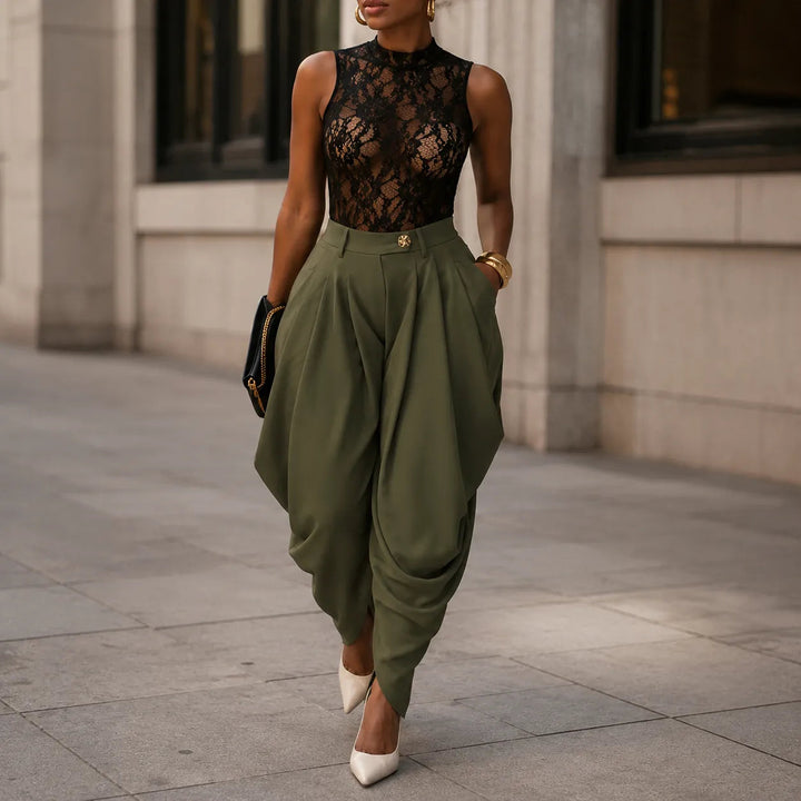 Velora – High Waist Pleated Tapered Wide Leg Trousers for Women