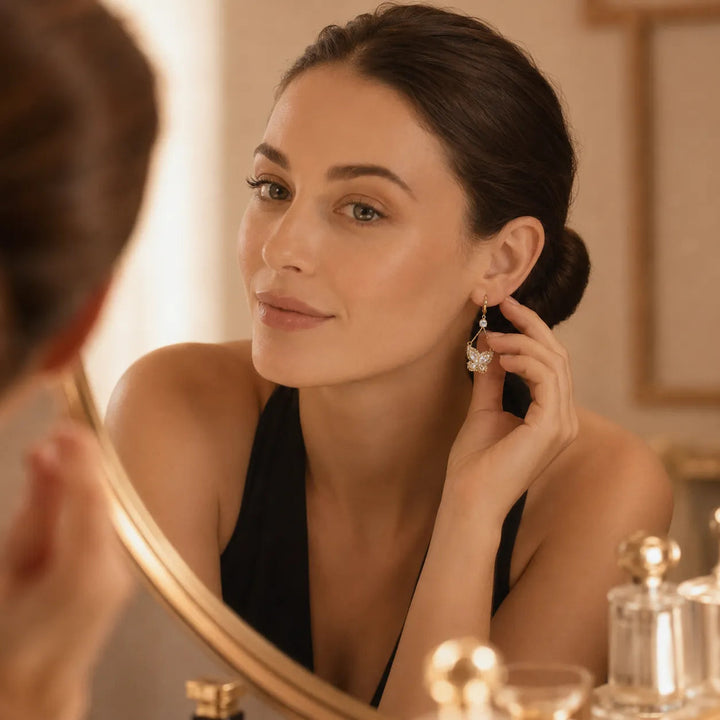 Papillore – Sparkling butterfly drop earrings, gold-plated cubic zirconia, delicate everyday elegance