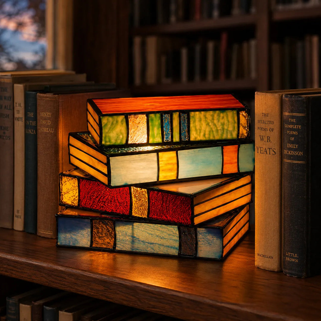 Lumira – Stained Glass Book Stack Table Lamp for Bedside & Reading Book