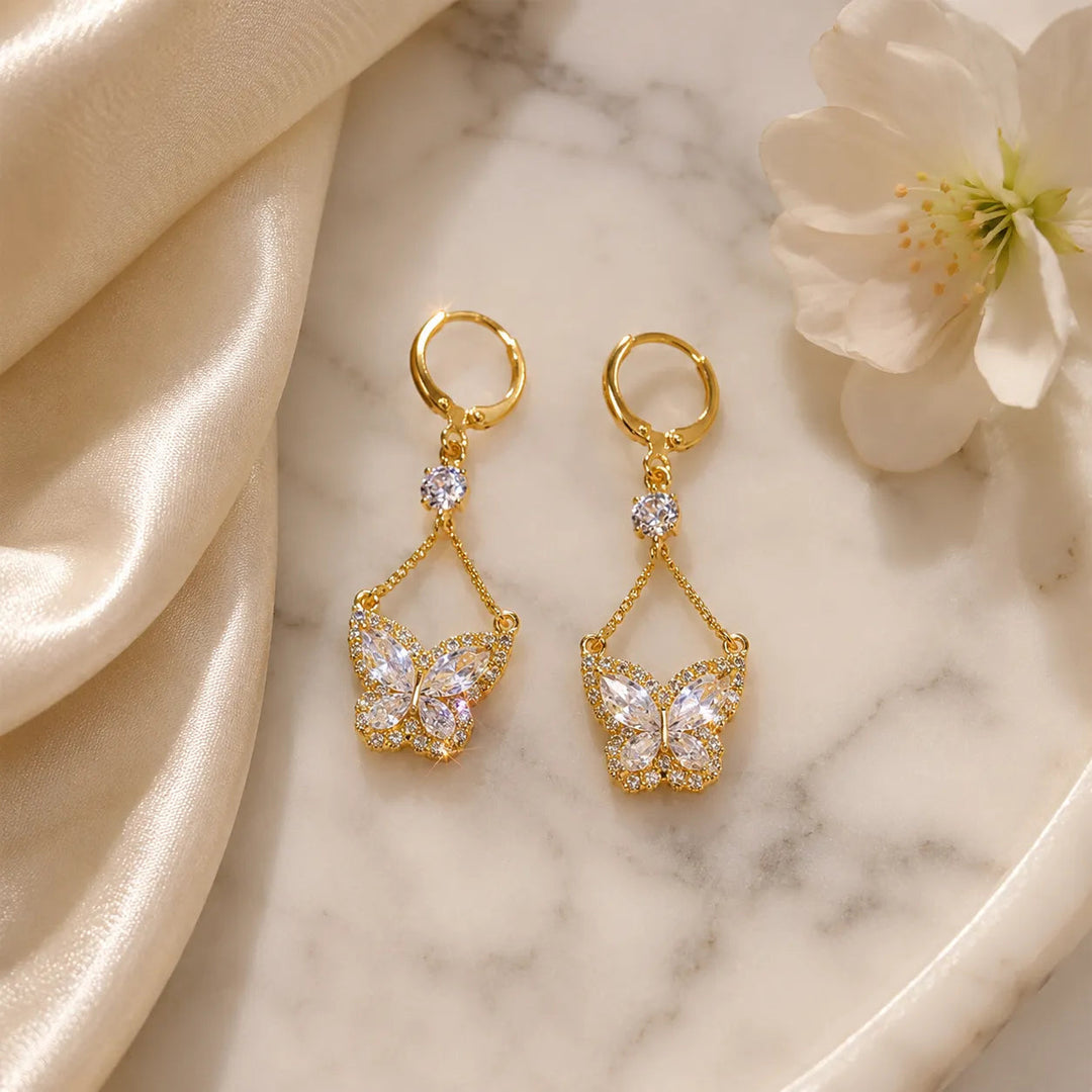 Papillore – Sparkling butterfly drop earrings, gold-plated cubic zirconia, delicate everyday elegance