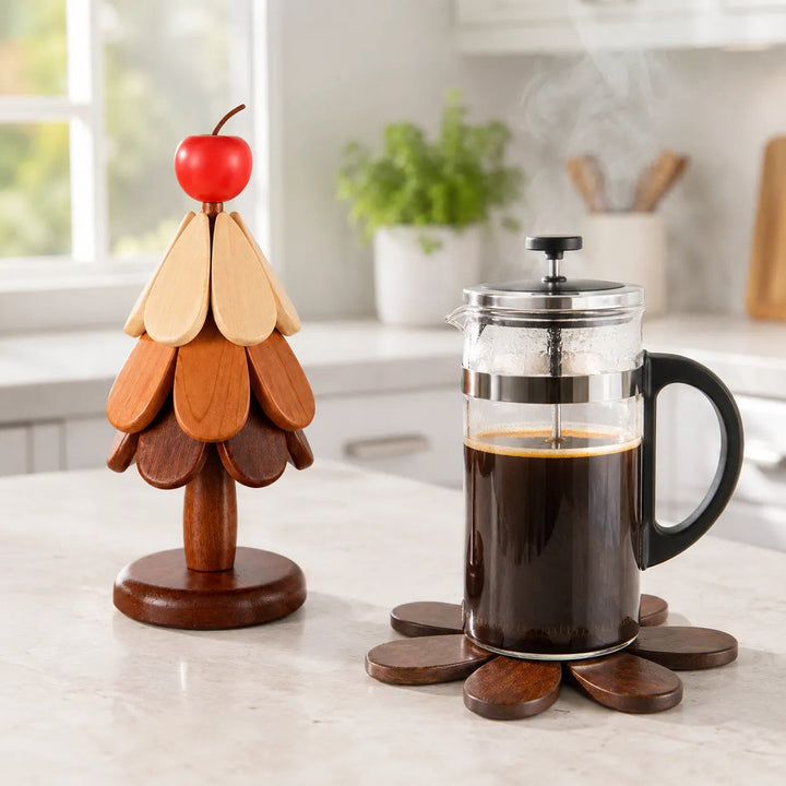 Pinecrest – Wooden Look Christmas Tree Trivet Set with Gravity