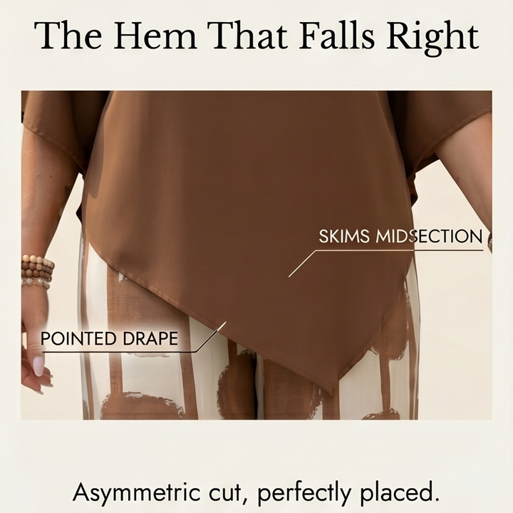 Luna™ – Asymmetric Drape 2-Piece Set with Wide-Leg Print Pants