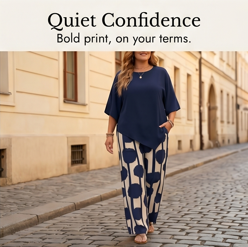 Luna™ – Asymmetric Drape 2-Piece Set with Wide-Leg Print Pants
