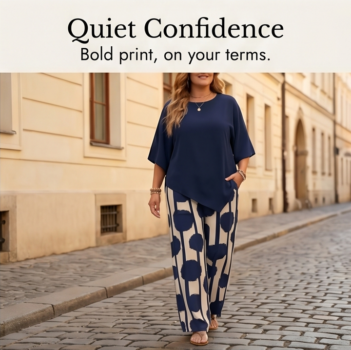 Luna™ – Asymmetric Drape 2-Piece Set with Wide-Leg Print Pants