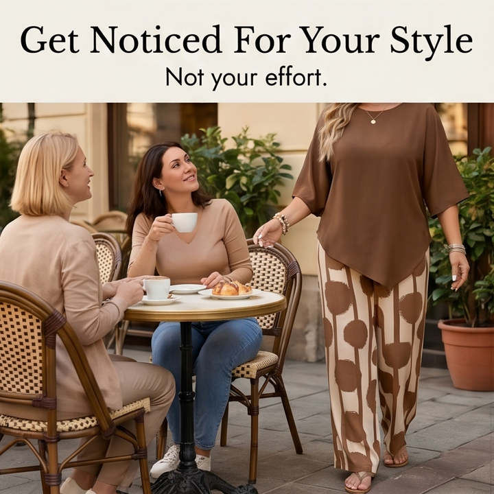 Luna™ – Asymmetric Drape 2-Piece Set with Wide-Leg Print Pants