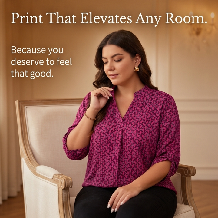 Lunavia™ Geometric V-Neck Blouse with Roll-Tab Sleeves