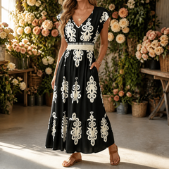Osyrel™ – Damask Print Midi Dress with V-Neck