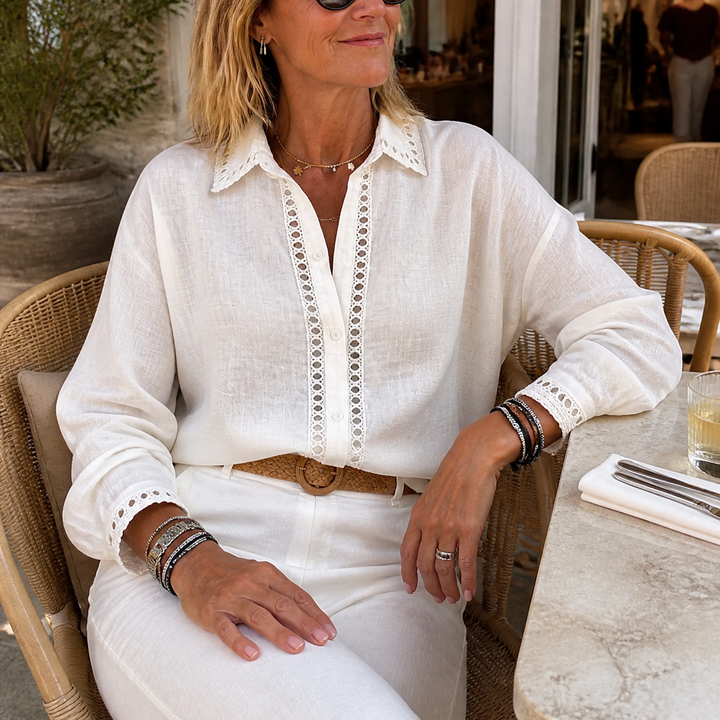 Lunavia - Women's Eyelet Trim Button-Down Blouse
