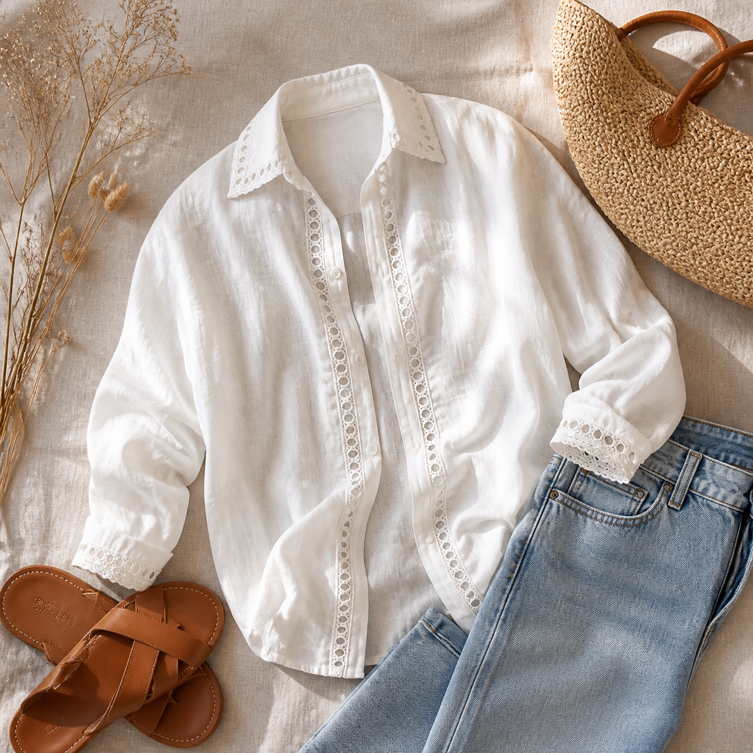 Lunavia - Women's Eyelet Trim Button-Down Blouse