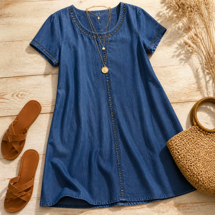 Lunavia - Women's Eyelet Trim Linen Midi Dress