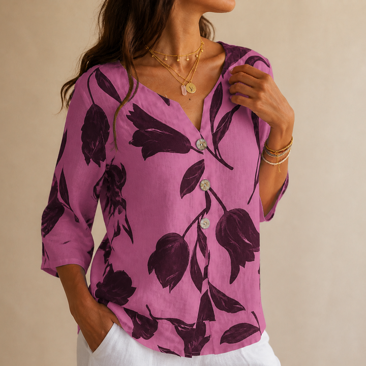 Florelle™ – Floral Linen V-Neck Popover Blouse with 3/4 Sleeves