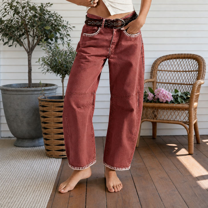 Virella™ – Whipstitch Barrel Leg Jeans for Women, Mid Rise Curved Pants