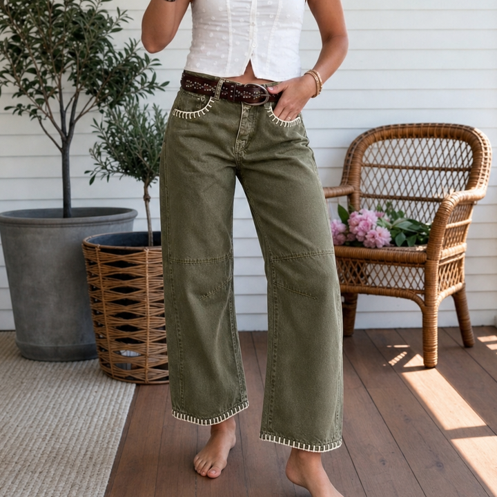 Virella™ – Whipstitch Barrel Leg Jeans for Women, Mid Rise Curved Pants