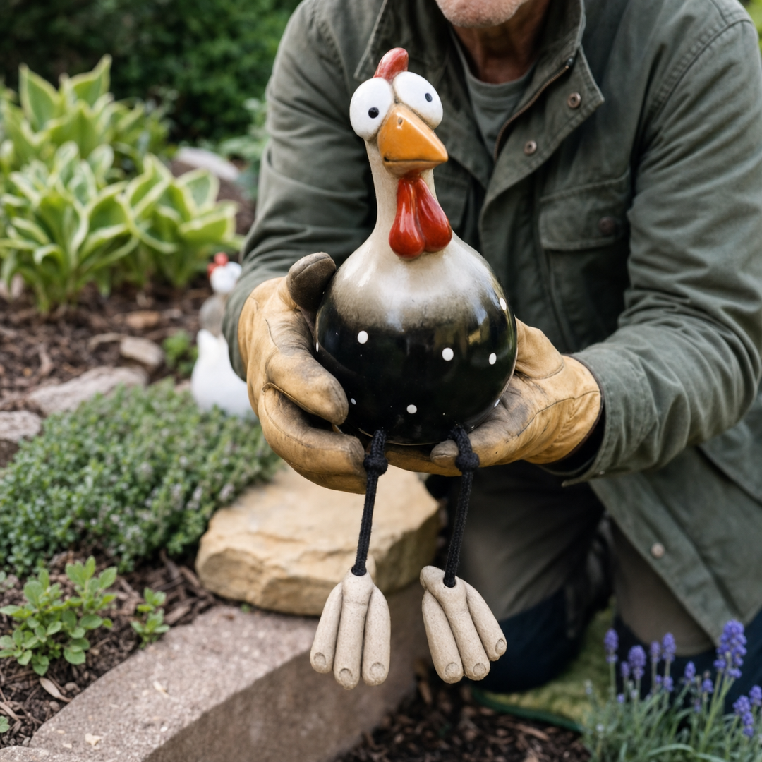 Henrietta™ – Hand-Glazed Ceramic Garden Hen with Dangling Legs