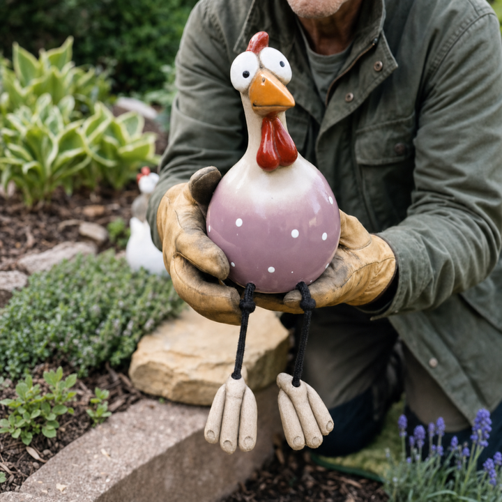 Henrietta™ – Hand-Glazed Ceramic Garden Hen with Dangling Legs