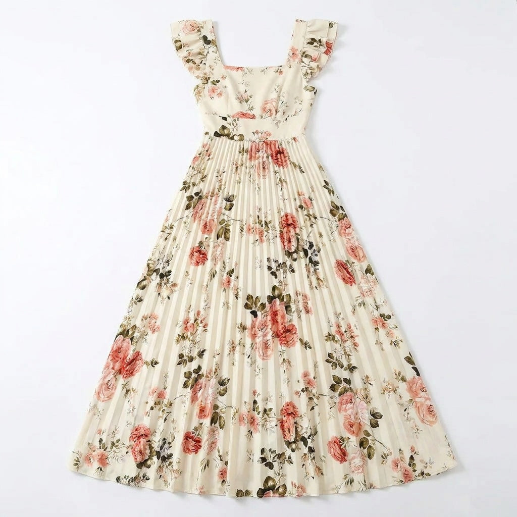 Florelle - Women's Square-Neck Floral Pleated Maxi Dress