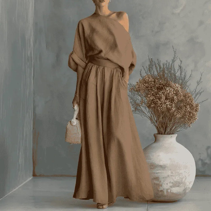 Solendra – Coordinated One-Shoulder Top and Flowing Wide-Leg Pants
