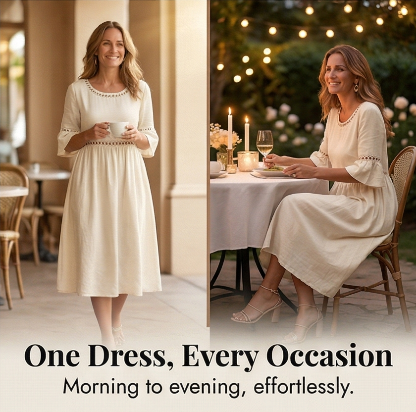 Solenne™ – Breathable Cotton Linen Lace Midi Dress