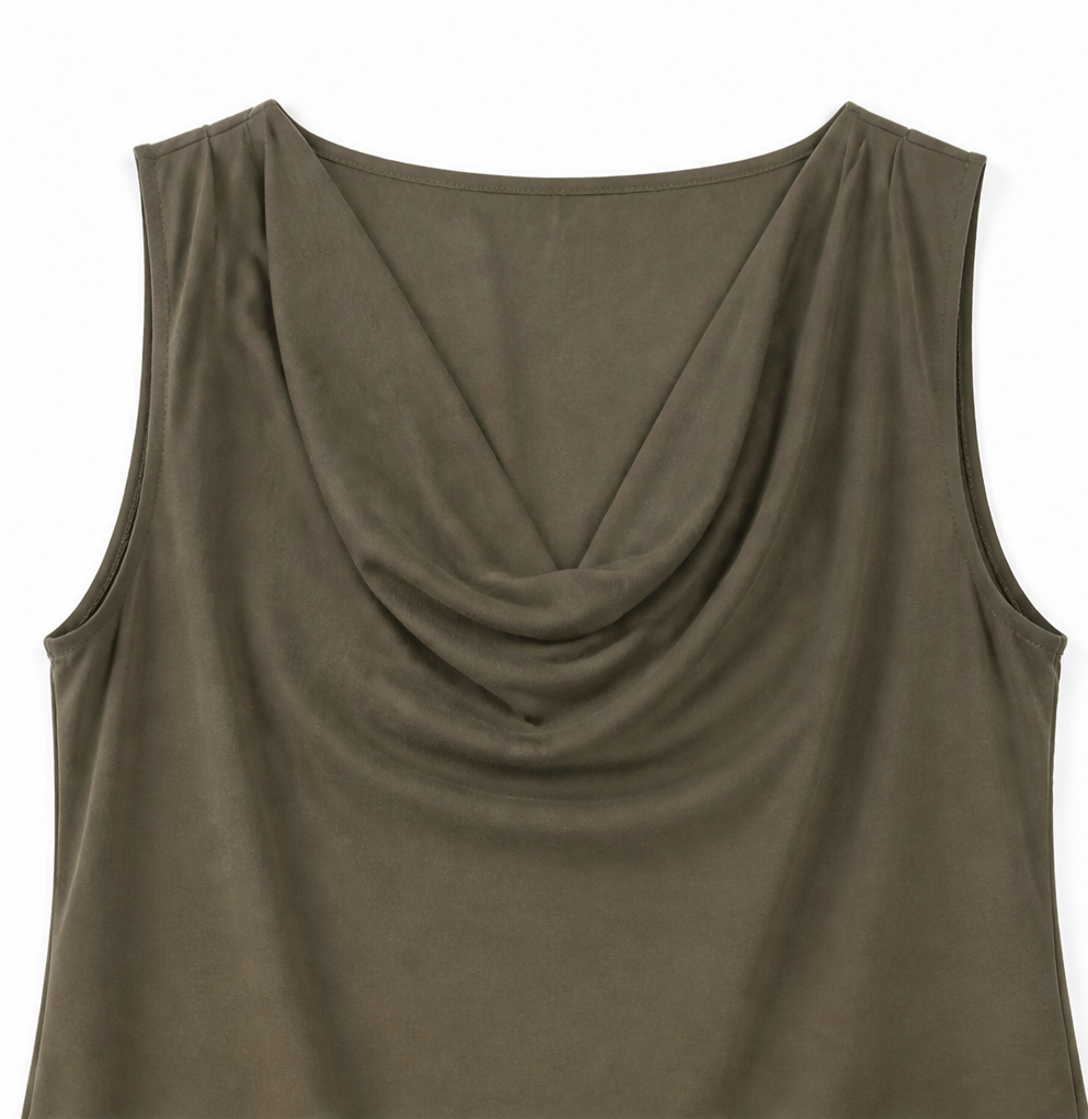 Solvea – Cowl Neck Shift Dress, Sleeveless Mini with Side Pockets