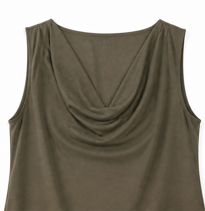 Solvea – Cowl Neck Shift Dress, Sleeveless Mini with Side Pockets