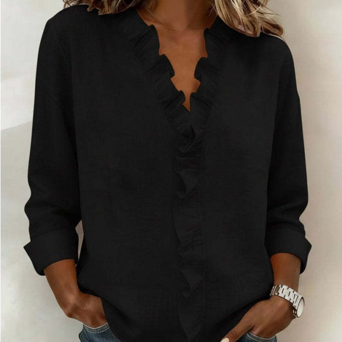 Roselle™ – Soft Ruffle V-Neck Long Sleeve Blouse