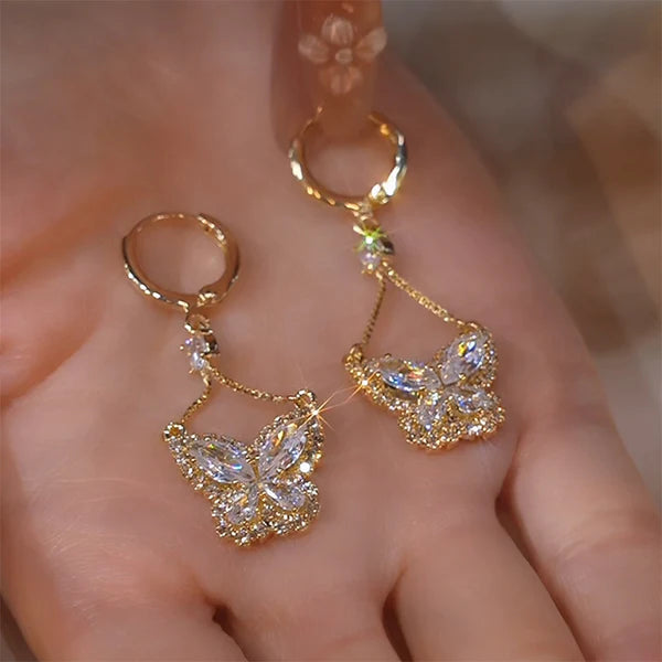 Papillore – Sparkling butterfly drop earrings, gold-plated cubic zirconia, delicate everyday elegance