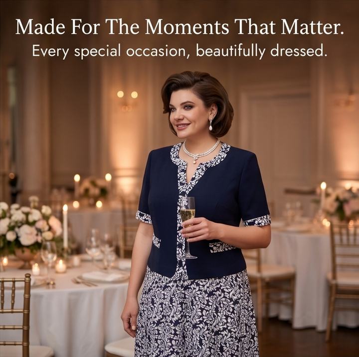 Maelyn™ Elegant Navy Floral Dress with Built-in Jacket