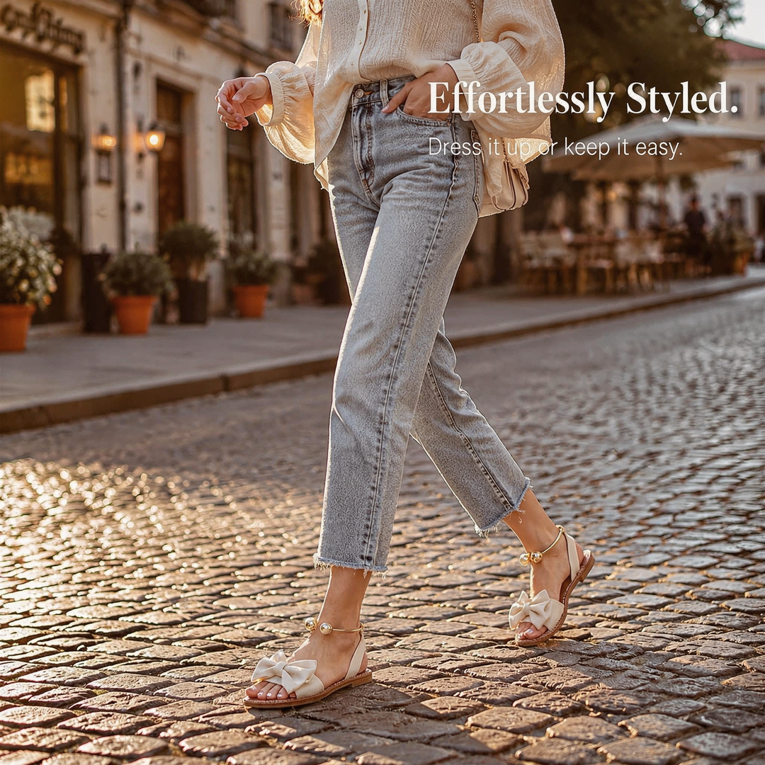 Lunabow™ Bow Flat Sandals with Pearl Ankle Cuff