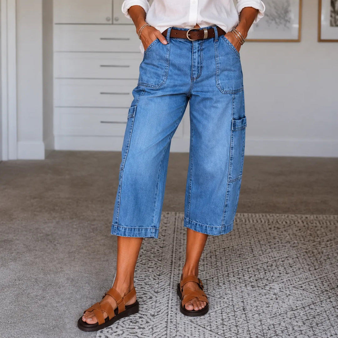 Mayfield – Cropped Barrel Denim look Capris with Cargo Pockets, Stretch Fit