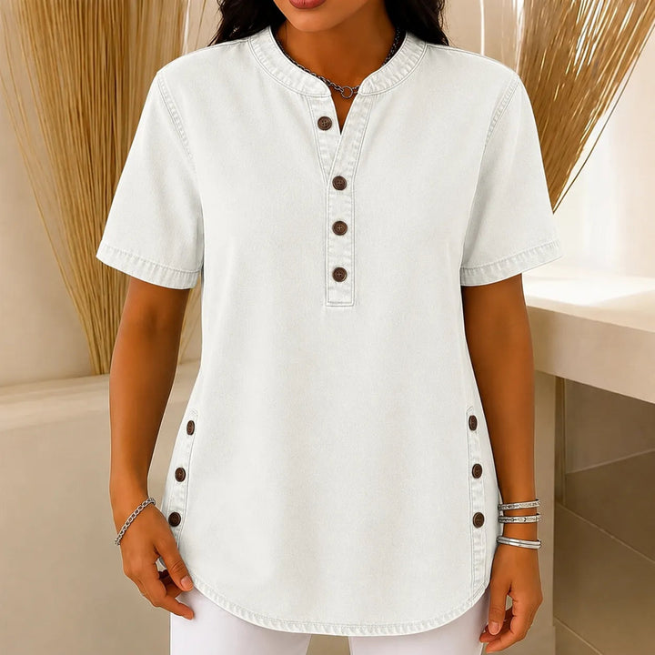 Avelyn – Henley Denim Tunic Top with Side Buttons for Women