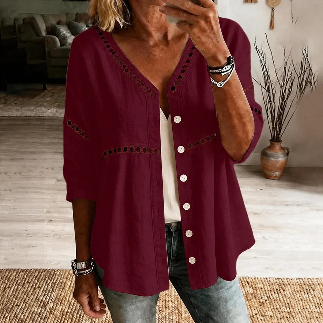 Loralee – Women's Lace Look-Trim Button-Up Blouse with Soft V-Neck Drape