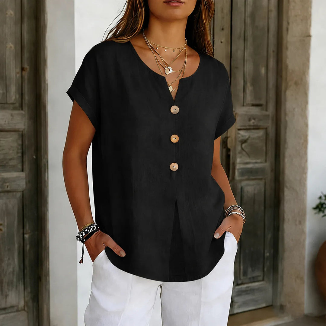 Lyneva – Linen-Look V-Neck Button Top for Women, Relaxed Casual Short-Sleeve Blouse