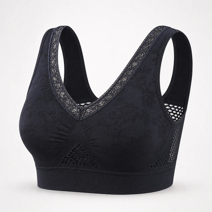 Aluvelle – Wireless Lift Bra with Breathable Mesh & Lace V-Neck