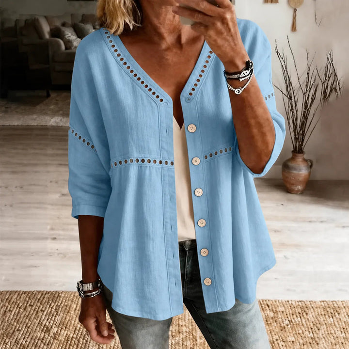 Loralee – Women's Lace Look-Trim Button-Up Blouse with Soft V-Neck Drape