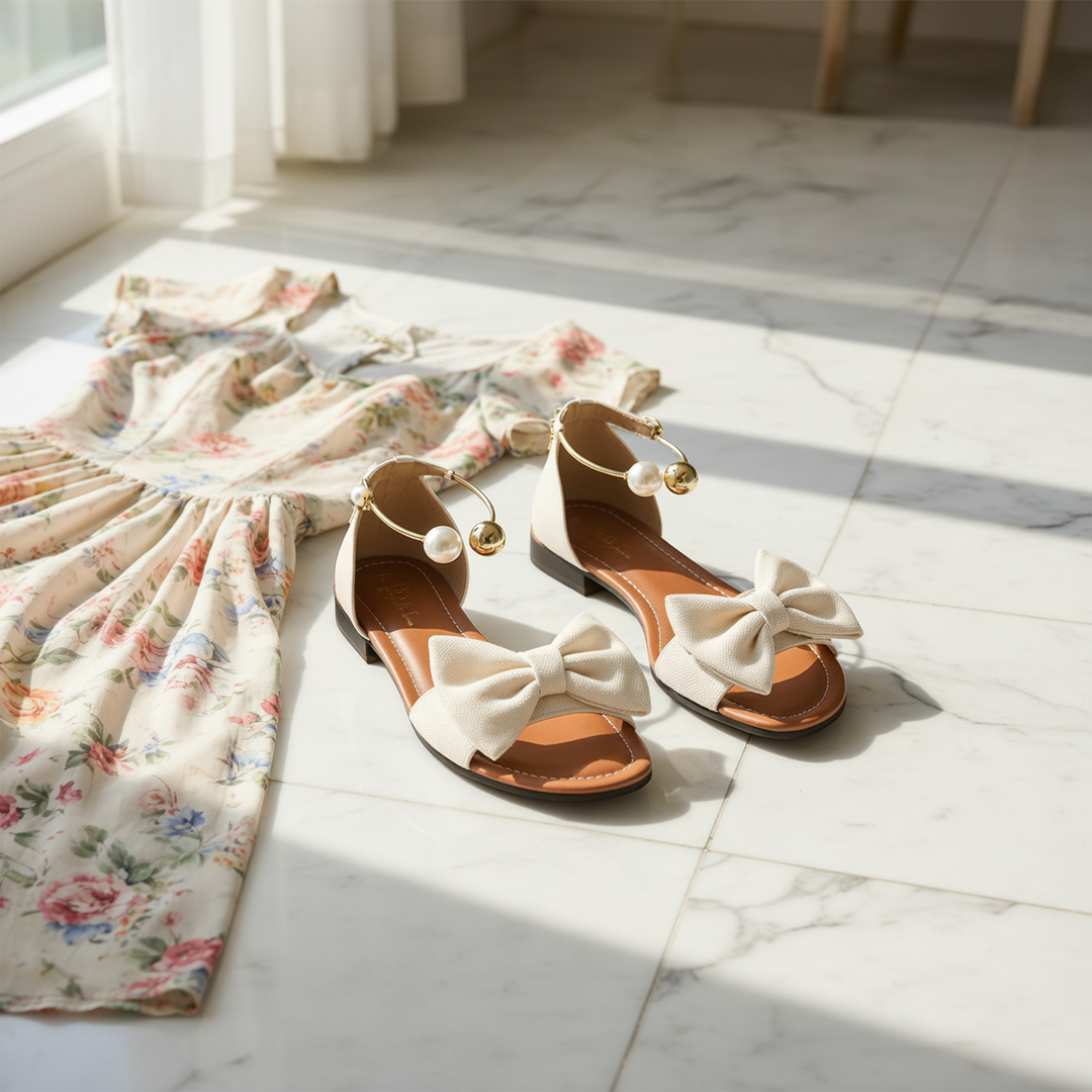 Lunabow™ Bow Flat Sandals with Pearl Ankle Cuff